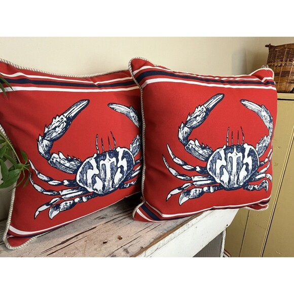 Vintage Nautical Crab On Red Canvas W/ Rope Piping 15” Throw Pillow 2 SIDED - Picture 7 of 9